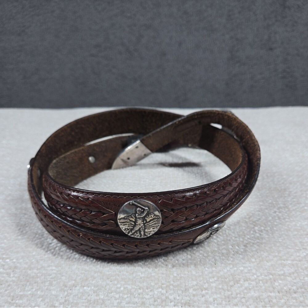 Vtg Onyx by Brighton 1998 Men's Brown Braided Leather Belt Golf Medallions Sz 40